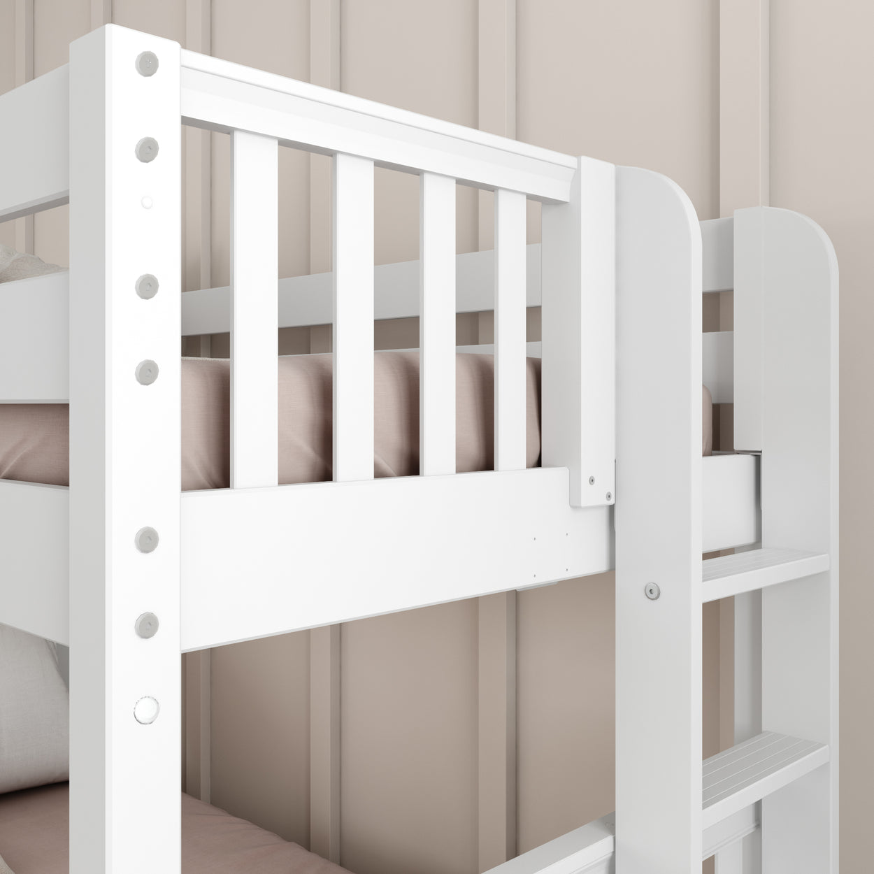 White wooden bunk bed with beige bedding and sturdy ladder against a neutral wall background.