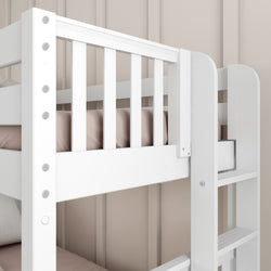 White wooden bunk bed with beige bedding and sturdy ladder against a neutral wall background.