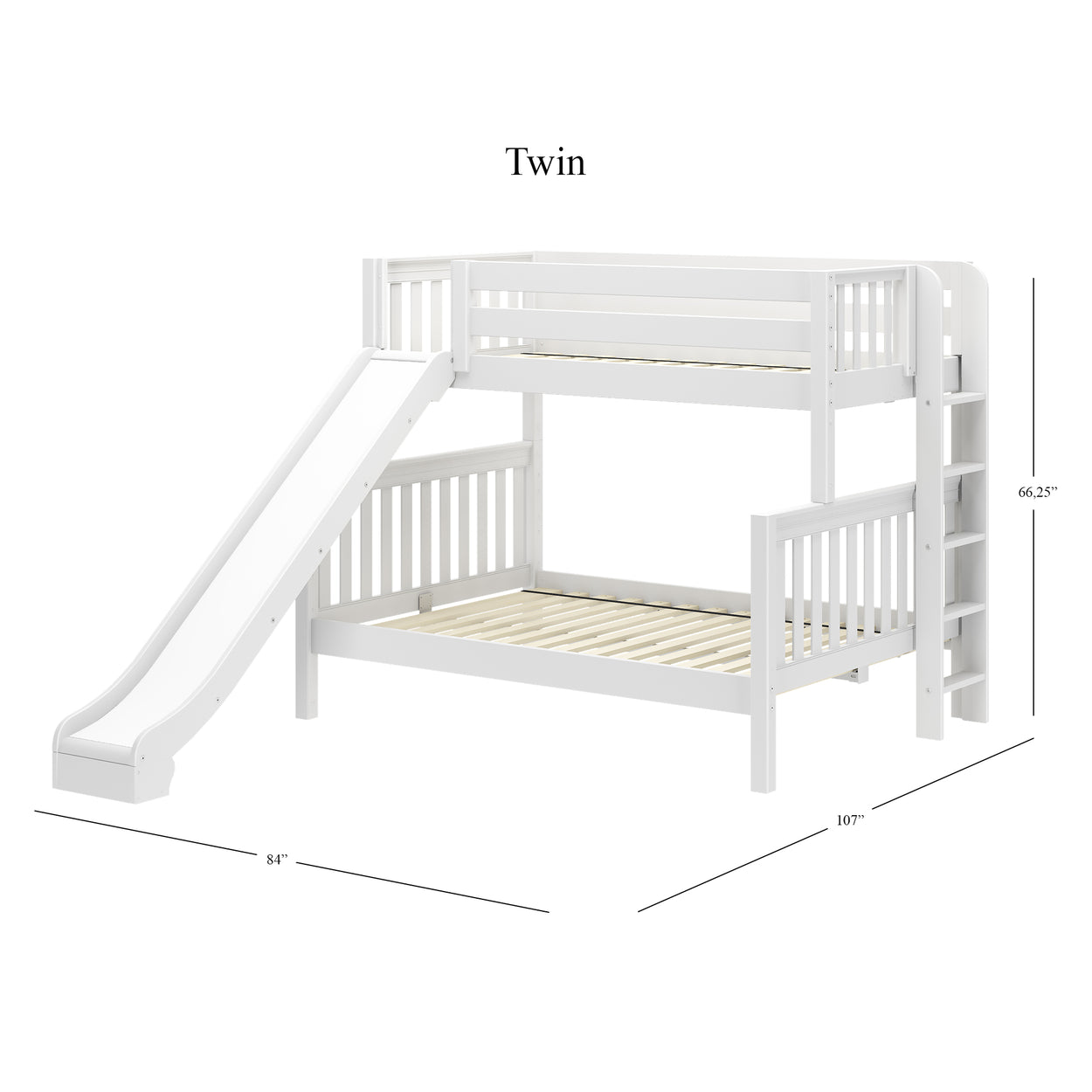 Modern twin white bunk bed with slide and ladder, ideal for kids' bedrooms, space-saving furniture design.