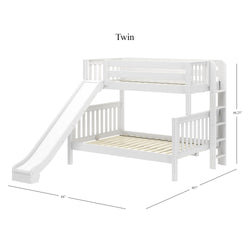 Modern twin white bunk bed with slide and ladder, ideal for kids' bedrooms, space-saving furniture design.