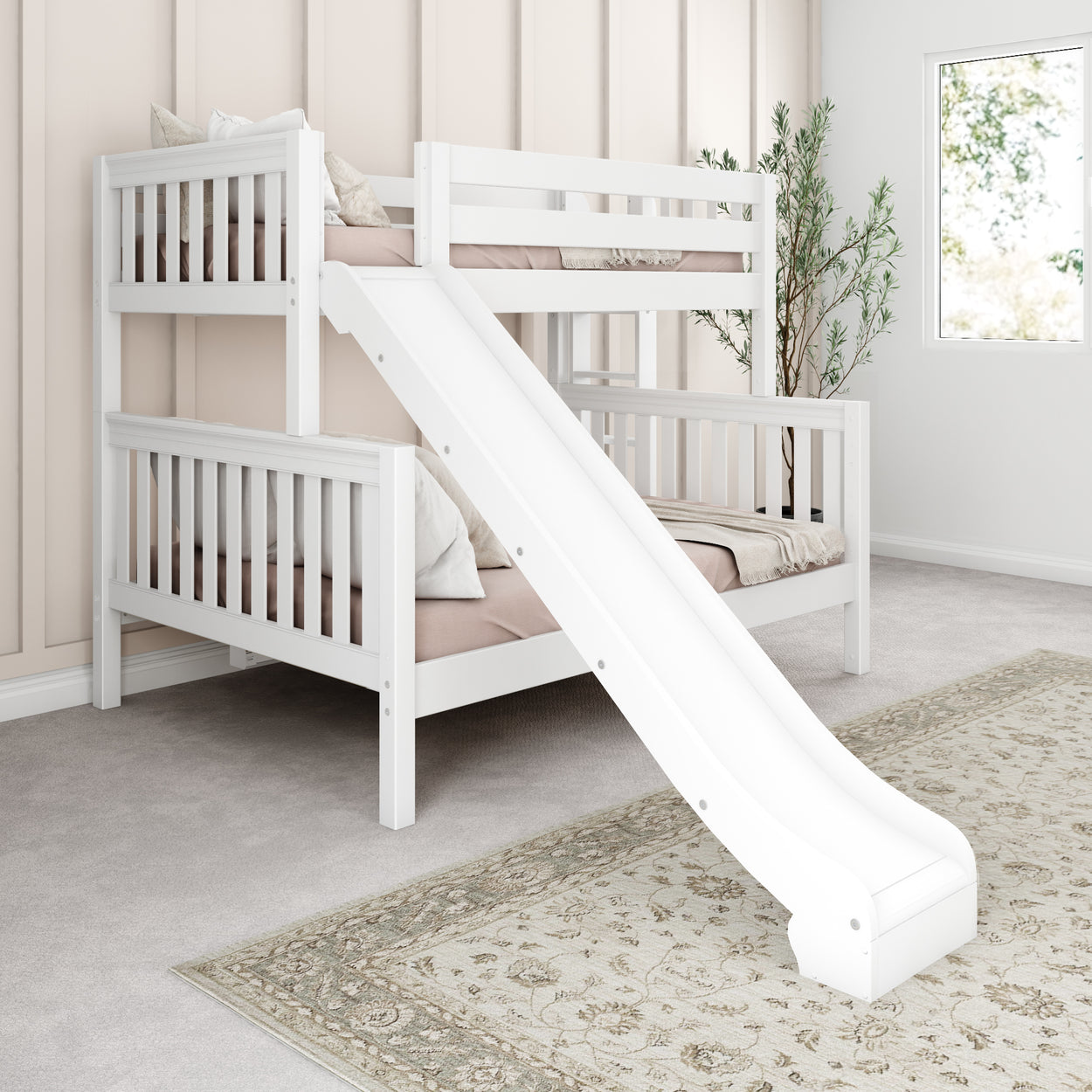 White wooden bunk bed with slide in a cozy children's bedroom.