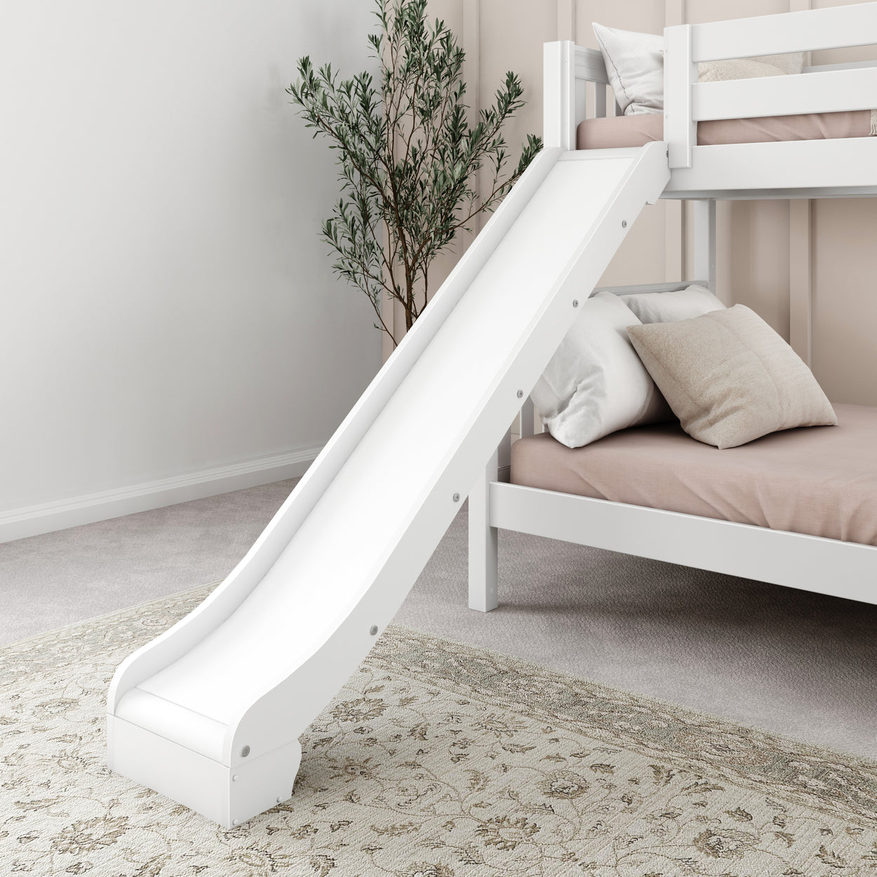 White bunk bed with slide in modern bedroom interior, featuring neutral decor and carpet.