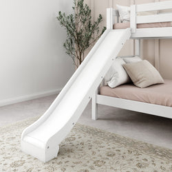 White bunk bed with slide in modern bedroom interior, featuring neutral decor and carpet.