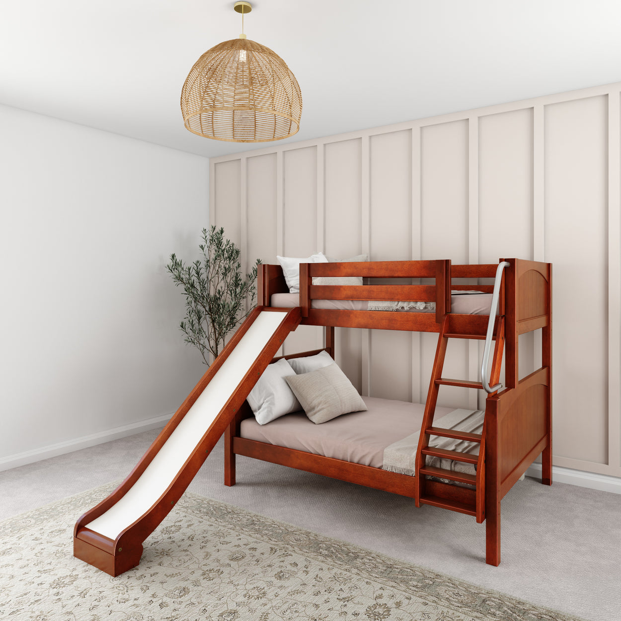 Wooden bunk bed with a slide in modern children's bedroom.