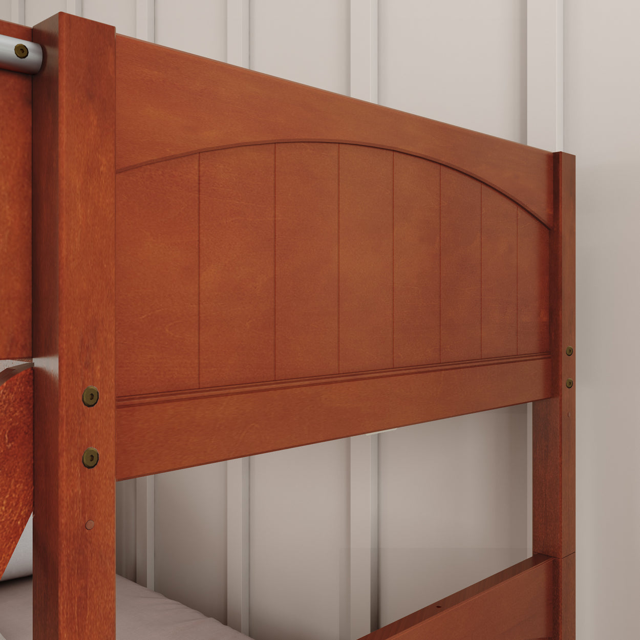 Wooden bunk bed frame detail in a modern bedroom setting.