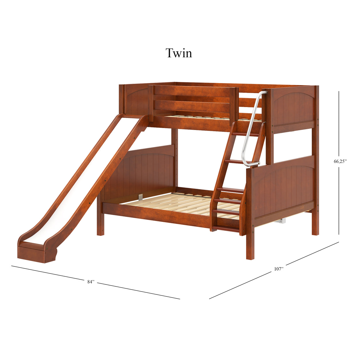 Wooden twin loft bed with slide and ladder, measuring 107 inches long, ideal for children's bedrooms.