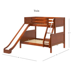 Wooden twin loft bed with slide and ladder, measuring 107 inches long, ideal for children's bedrooms.