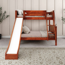Wooden bunk bed with slide and ladder in a modern bedroom setting.