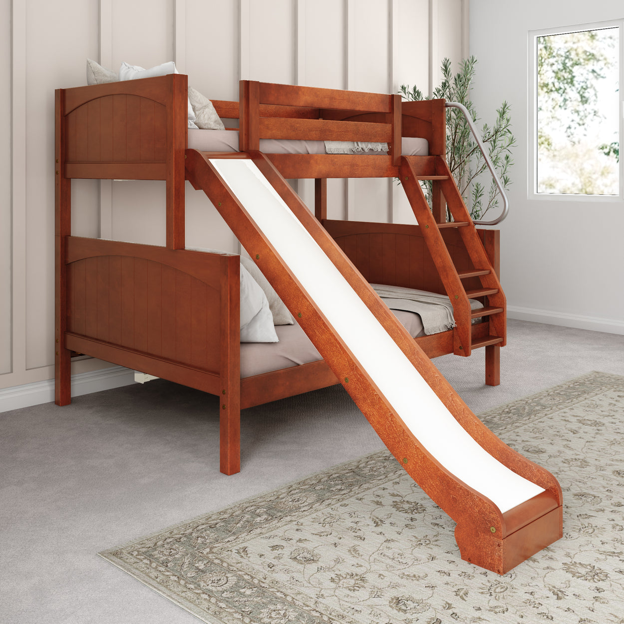 Wooden bunk bed with slide, perfect for kids' bedroom furniture.