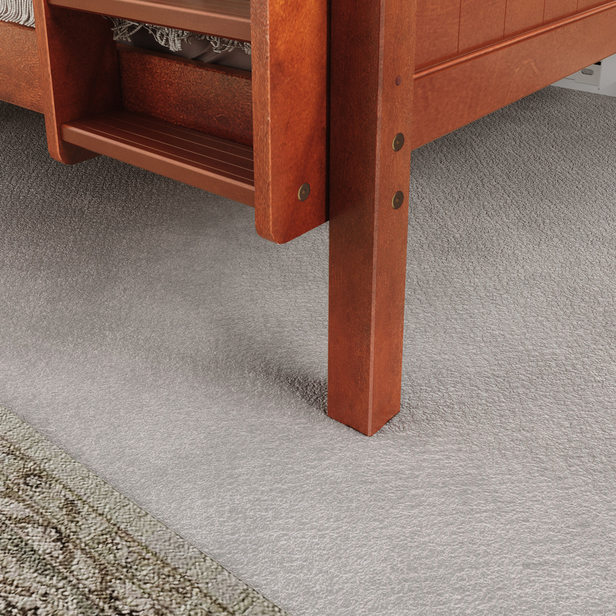 Wooden bunk bed ladder with carpeted flooring details.