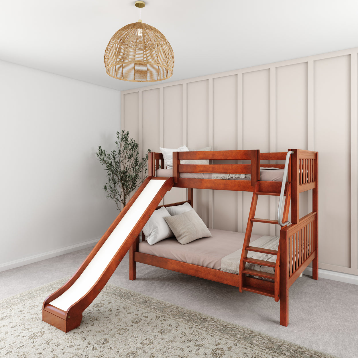 Wooden bunk bed with slide in modern kids' bedroom, featuring neutral tones and cozy decor.