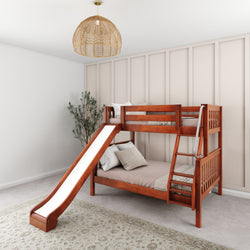 Wooden bunk bed with slide in modern kids' bedroom, featuring neutral tones and cozy decor.