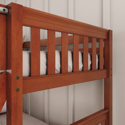 Wooden bunk bed with safety railings, perfect for children’s bedroom furniture.