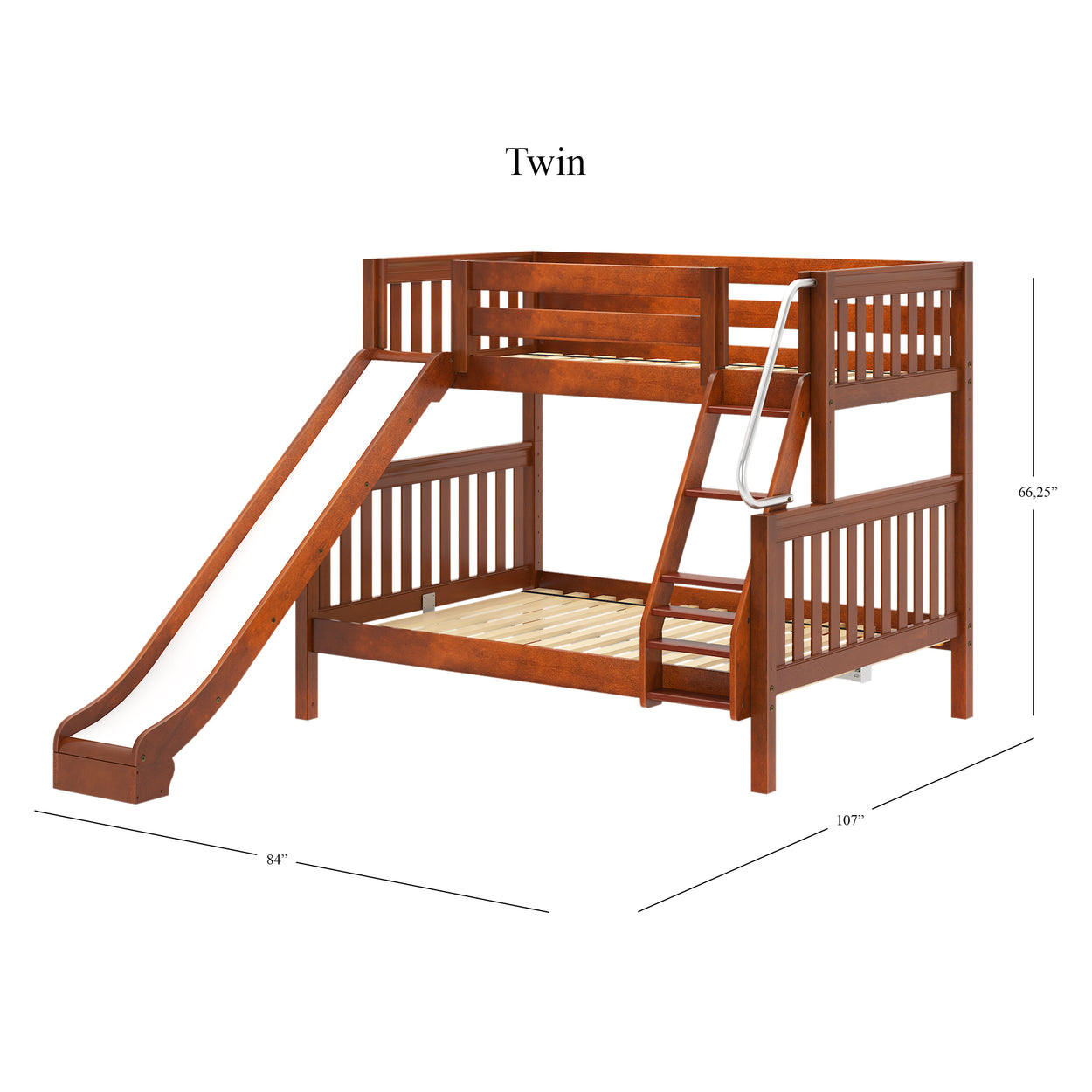 Wooden twin bunk bed with slide and ladder, perfect for kids' bedroom furniture.