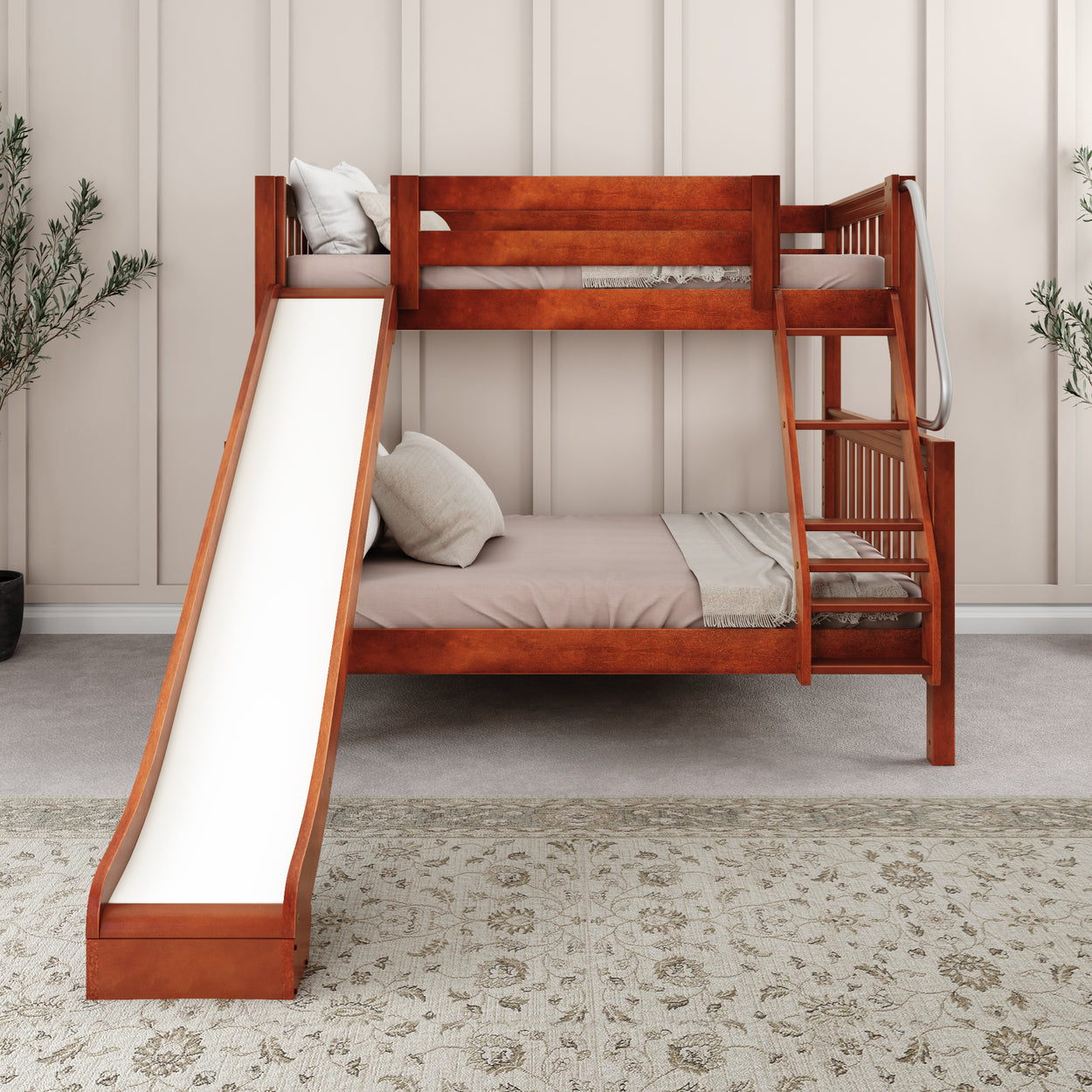 Wooden bunk bed with slide in a modern bedroom setting.