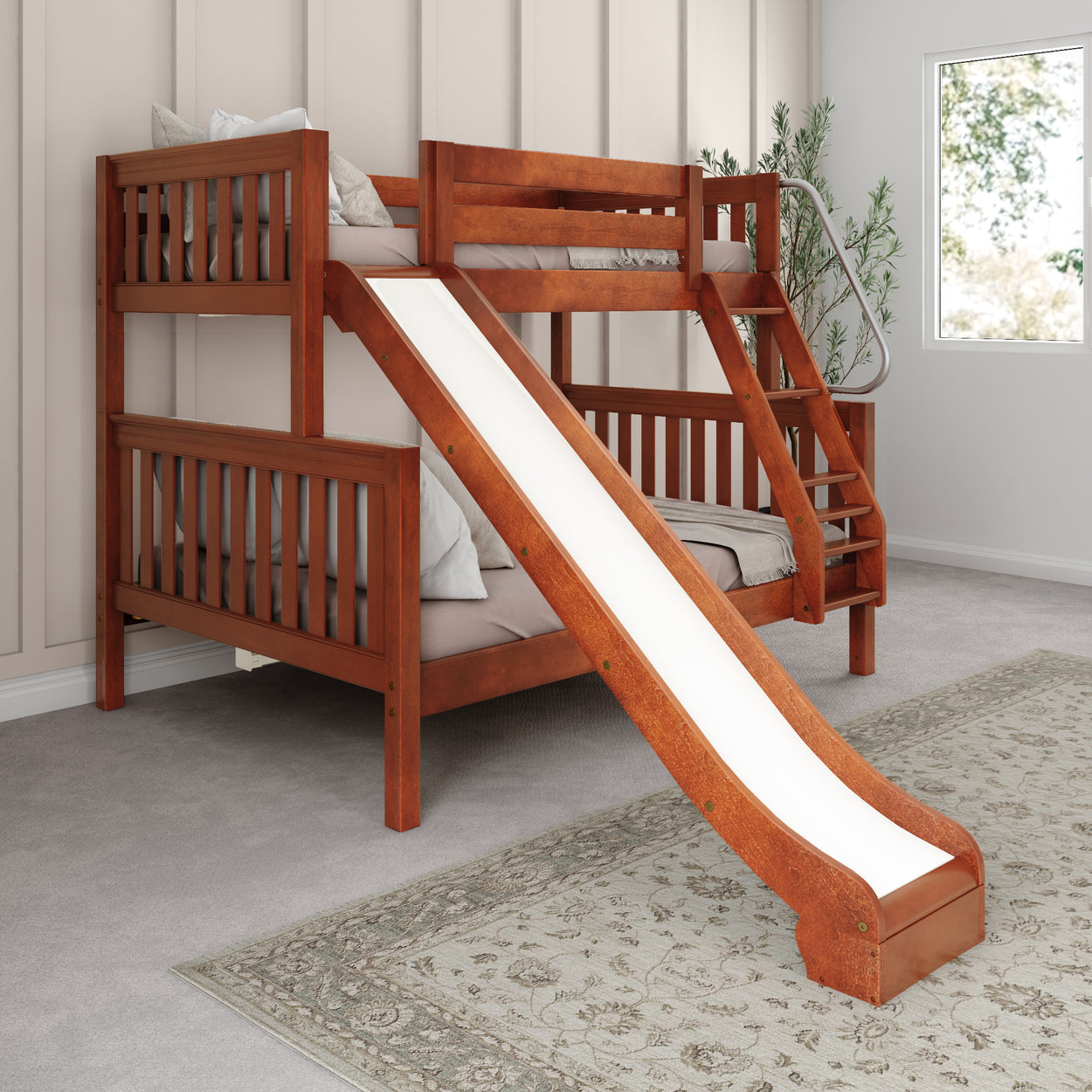 Wooden bunk bed with slide in a bright bedroom setting, featuring cozy pillows and a neutral color palette.