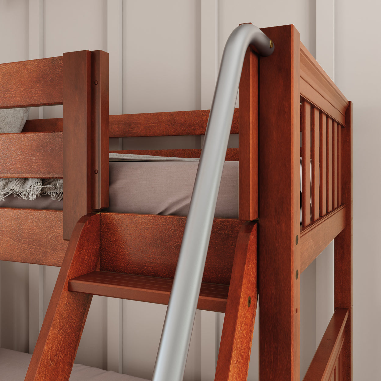 Brown wooden bunk bed with ladder and gray bedding in a modern bedroom setting.