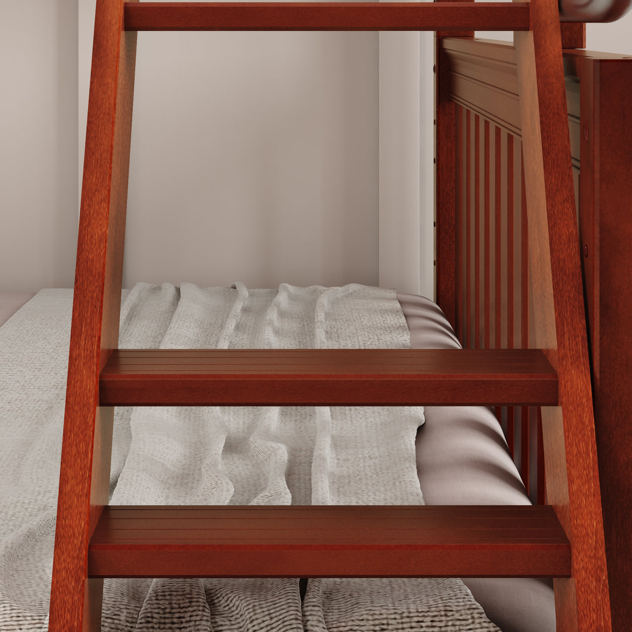 Wooden bunk bed ladder with white and gray bedding.