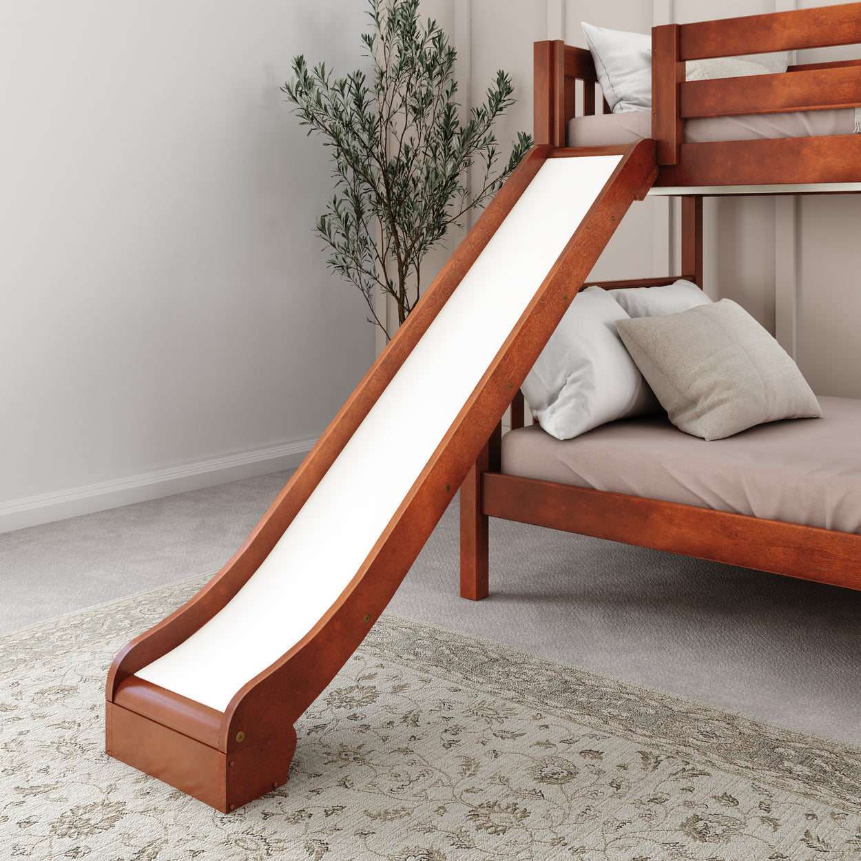 Wooden bunk bed with slide in modern kids' bedroom.