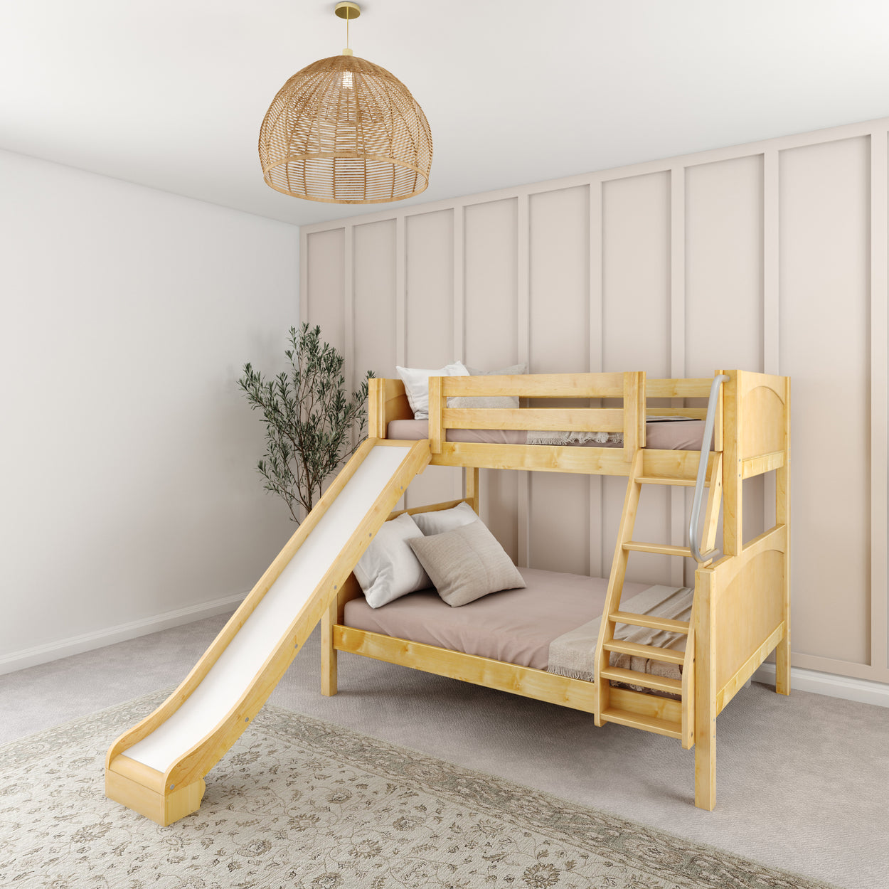 Wooden bunk bed with slide in modern children's bedroom, featuring a neutral color scheme and minimalist decor.