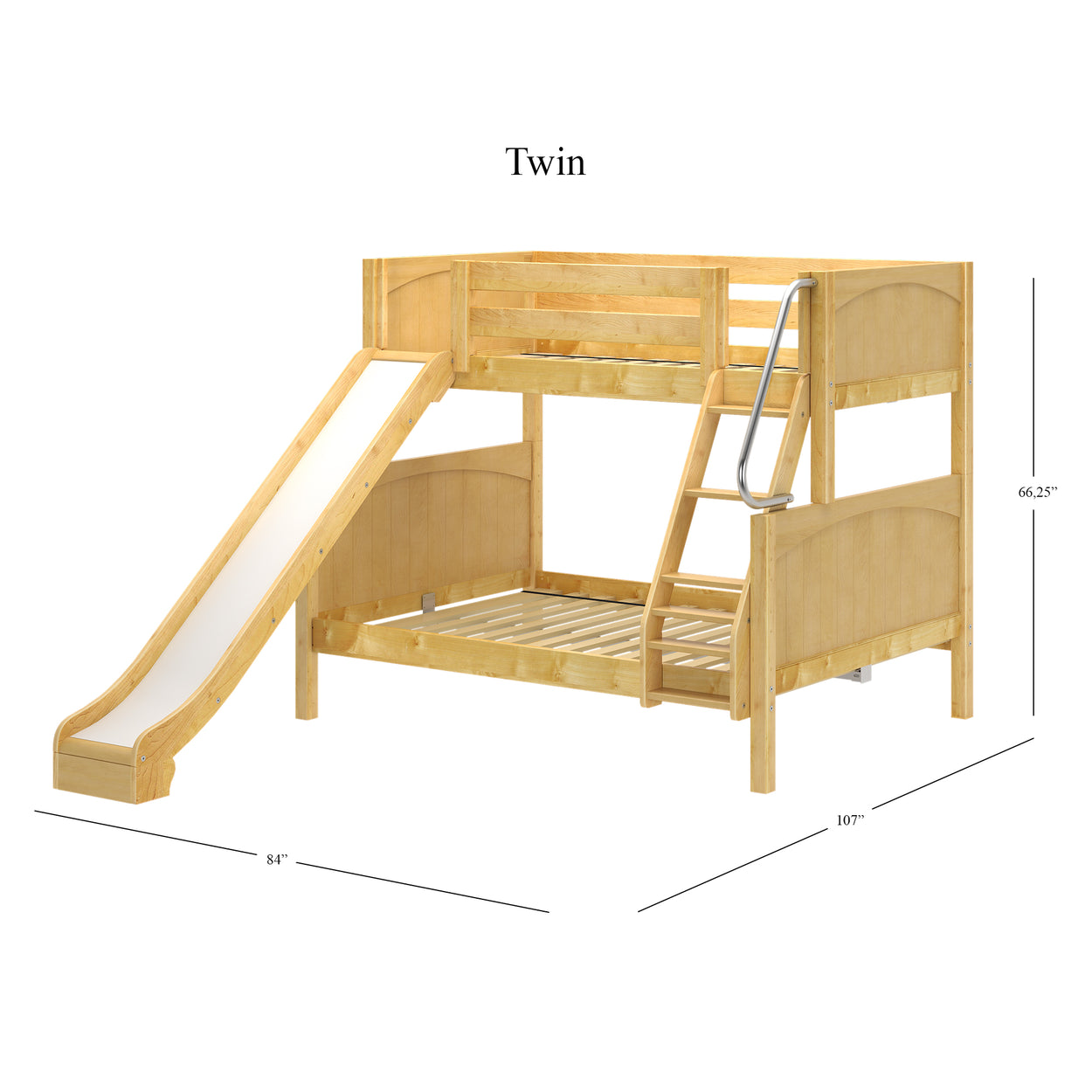 Twin wooden loft bed with slide and ladder, dimensions 107" by 84", height 66.25".