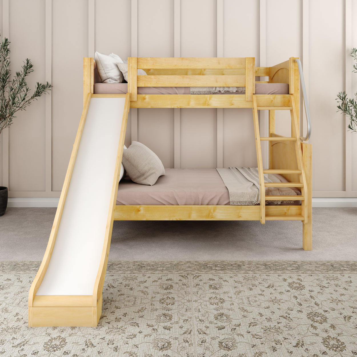 Wooden bunk bed with slide in a stylish bedroom, featuring beige bedding and decorative plants for a modern and playful interior design.