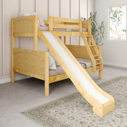 Children's wooden bunk bed with slide in modern bedroom.
