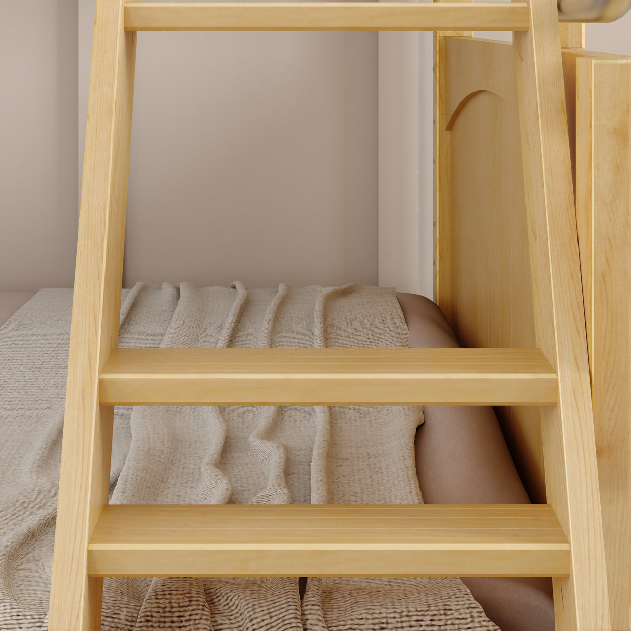 Wooden bunk bed ladder with beige blanket on top mattress.