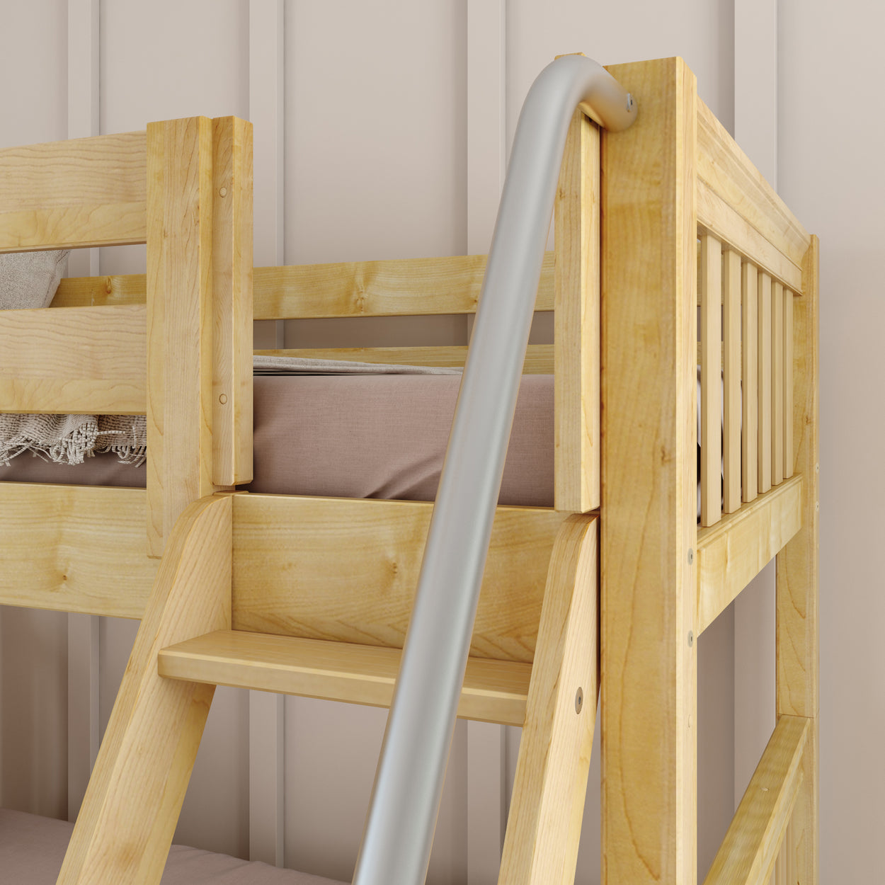 Wooden bunk bed ladder with natural finish and metal railing in a modern bedroom setting.