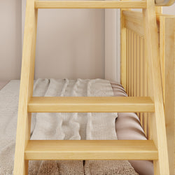 Wooden ladder leading to cozy loft bed with soft beige bedding.
