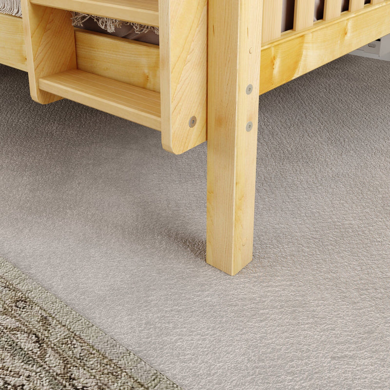 Light wood bunk bed leg and ladder on soft gray carpet in a cozy bedroom setting.