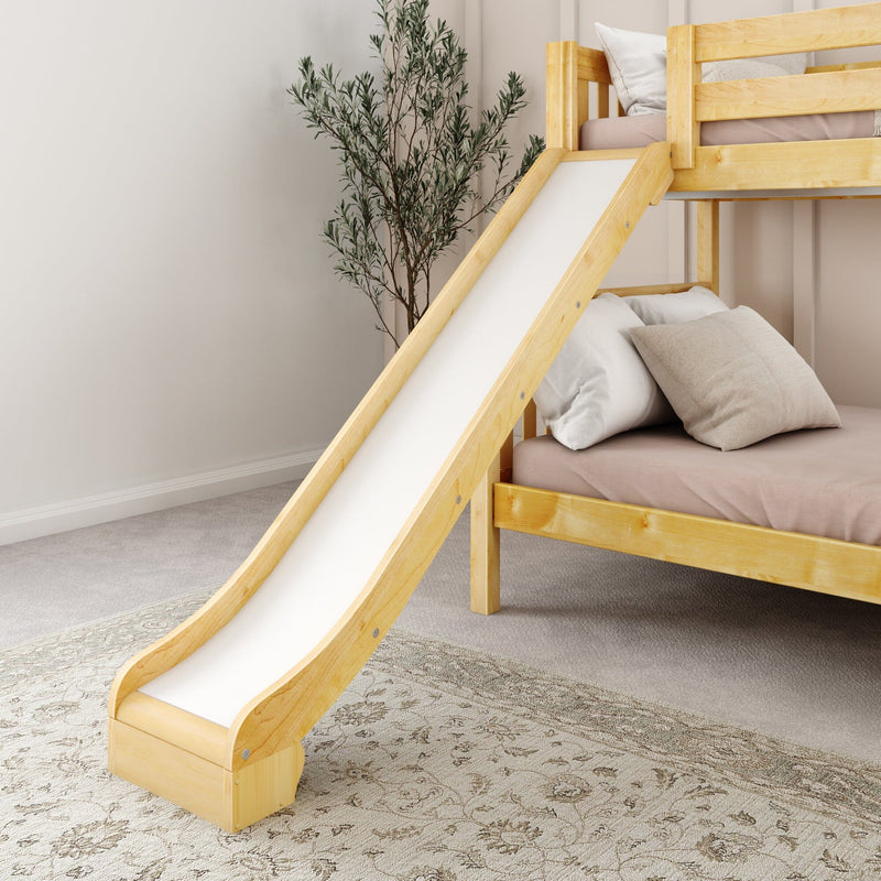 Wooden bunk bed with slide and cozy bedding in a modern children's bedroom.