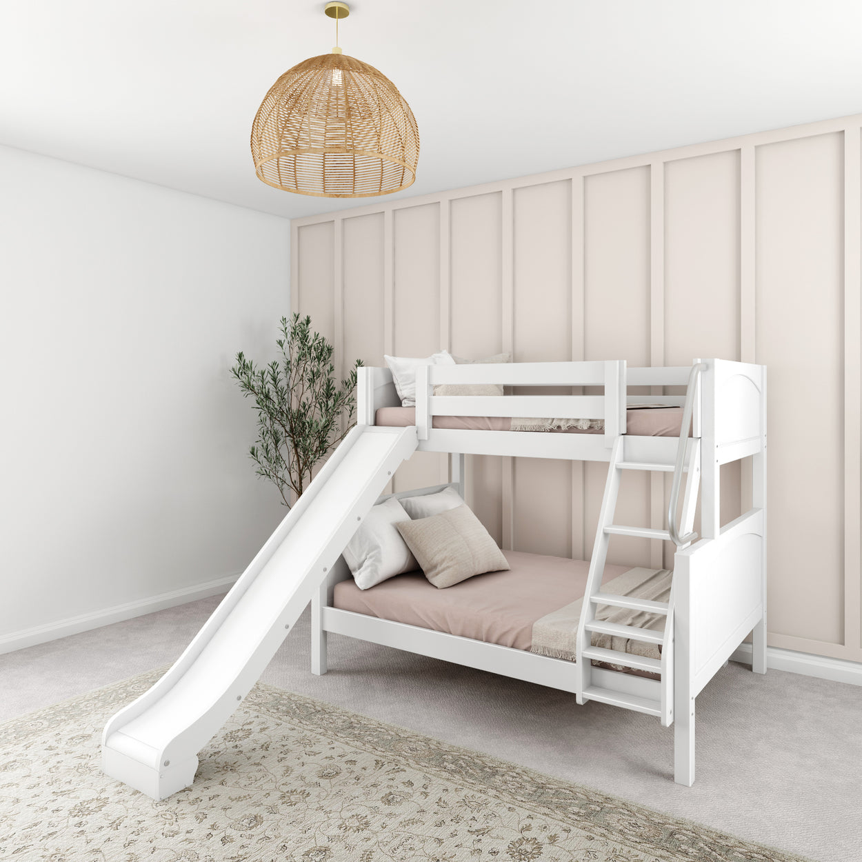 White bunk bed with slide in a modern children's room, featuring a cozy rug and minimalistic wall design.