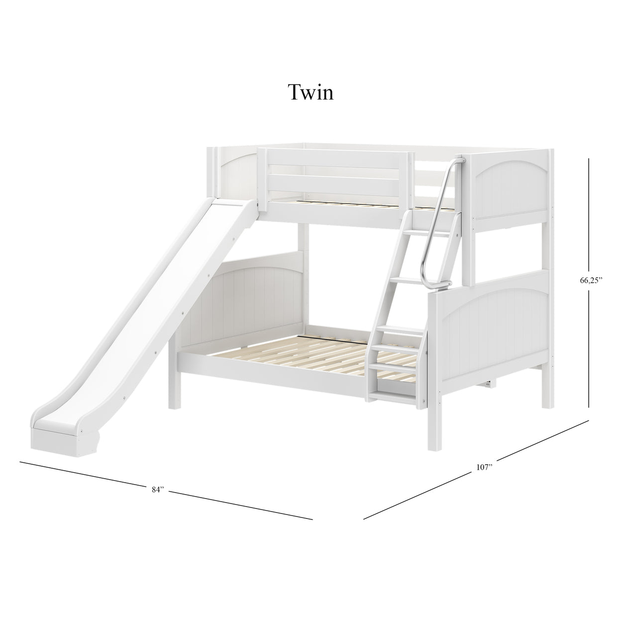 White twin loft bunk bed with slide and ladder, dimensions 66.25 inches high by 84 inches long by 107 inches wide.