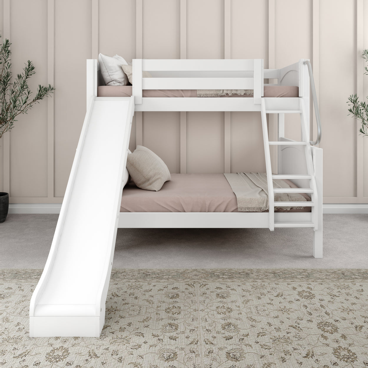 White bunk bed with slide in modern bedroom interior.