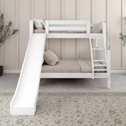 White bunk bed with slide in modern bedroom interior.