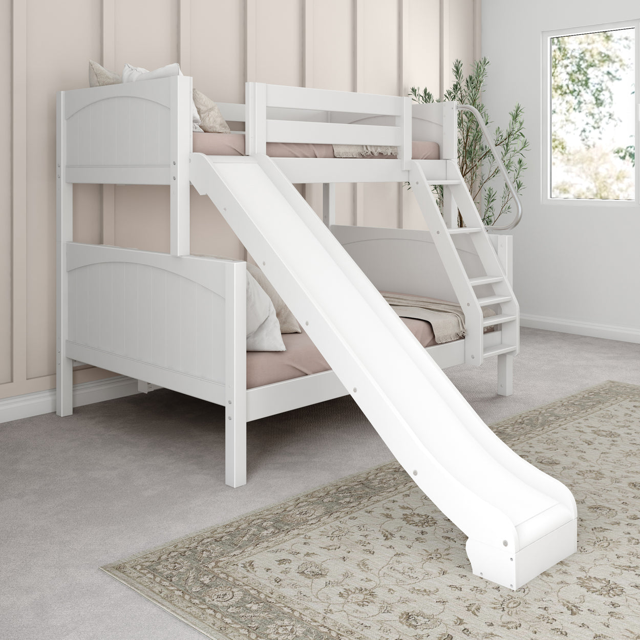 White bunk bed with slide in modern bedroom setting.