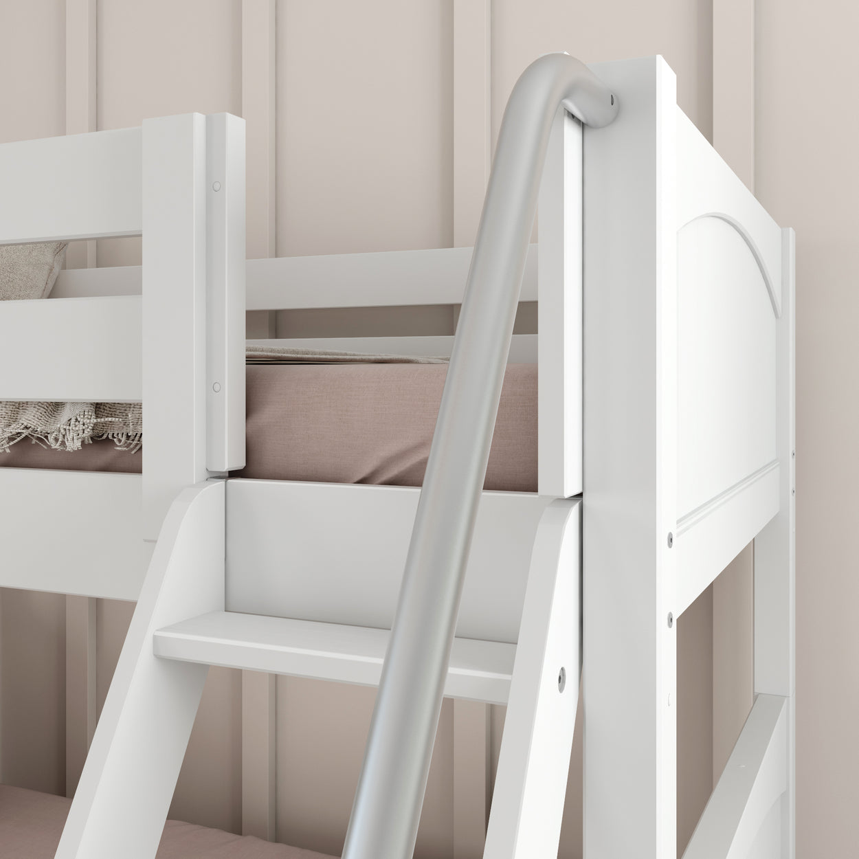 White wooden bunk bed with ladder and beige bedding in a modern bedroom.