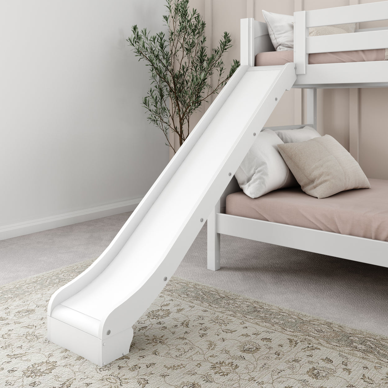White bunk bed with slide in a modern bedroom interior with decorative plants and neutral decor.