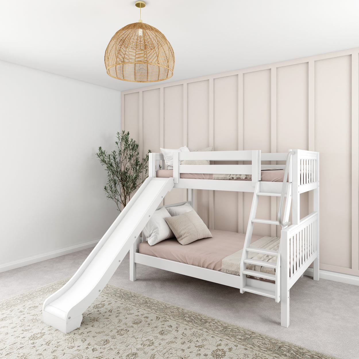 White bunk bed with slide in modern kids' room featuring a neutral color palette and stylish decor.