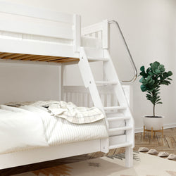 White wooden bunk bed with ladder in cozy bedroom with potted plant on wooden floor.