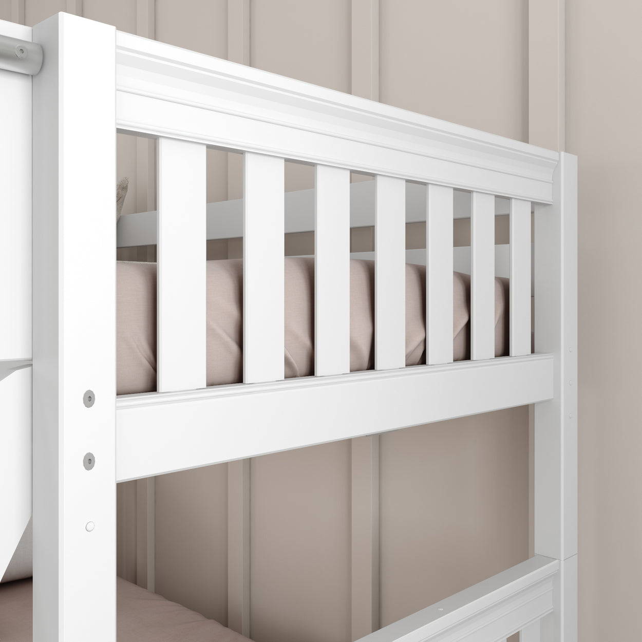 White wooden bunk bed frame with beige bedding against a neutral wall background.