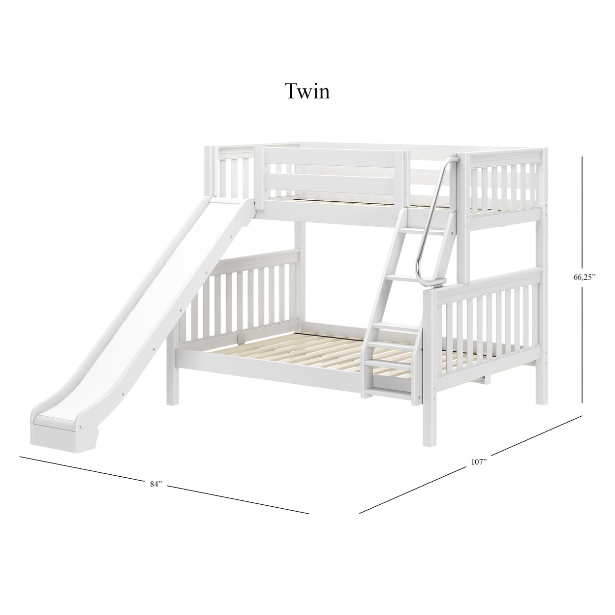 White twin wooden bunk bed with slide and ladder, dimensions 66.25 inches high, 107 inches long, and 84 inches wide.