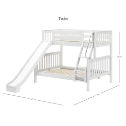 White twin wooden bunk bed with slide and ladder, dimensions 66.25 inches high, 107 inches long, and 84 inches wide.