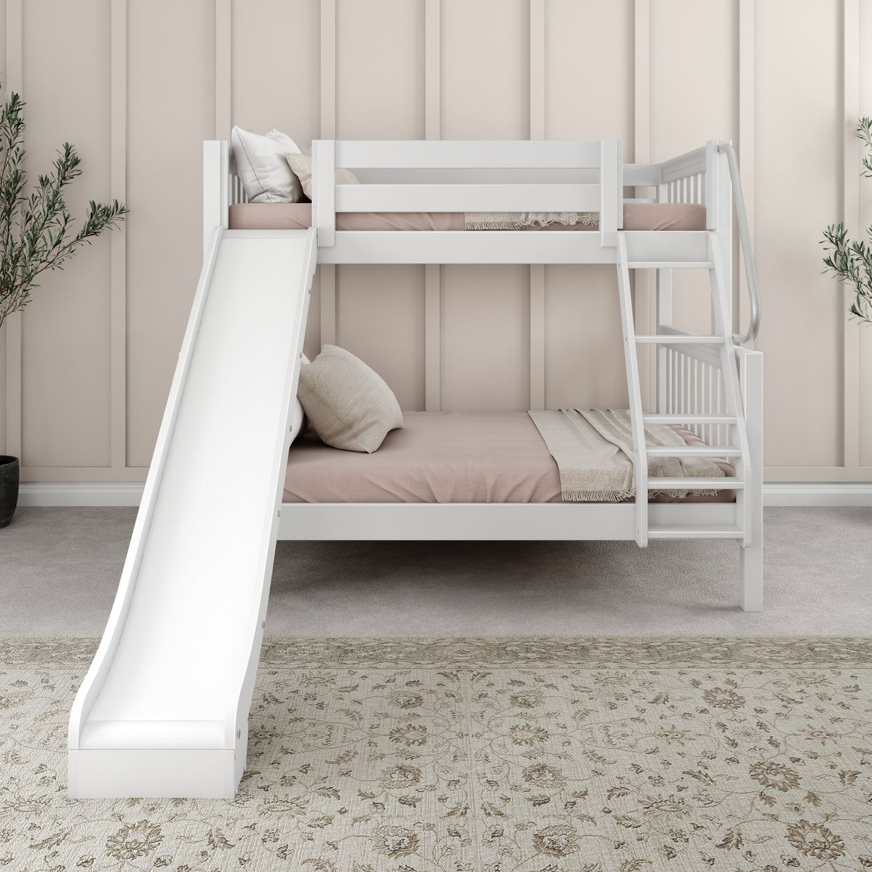White bunk bed with a slide and beige bedding in a stylish children's room.