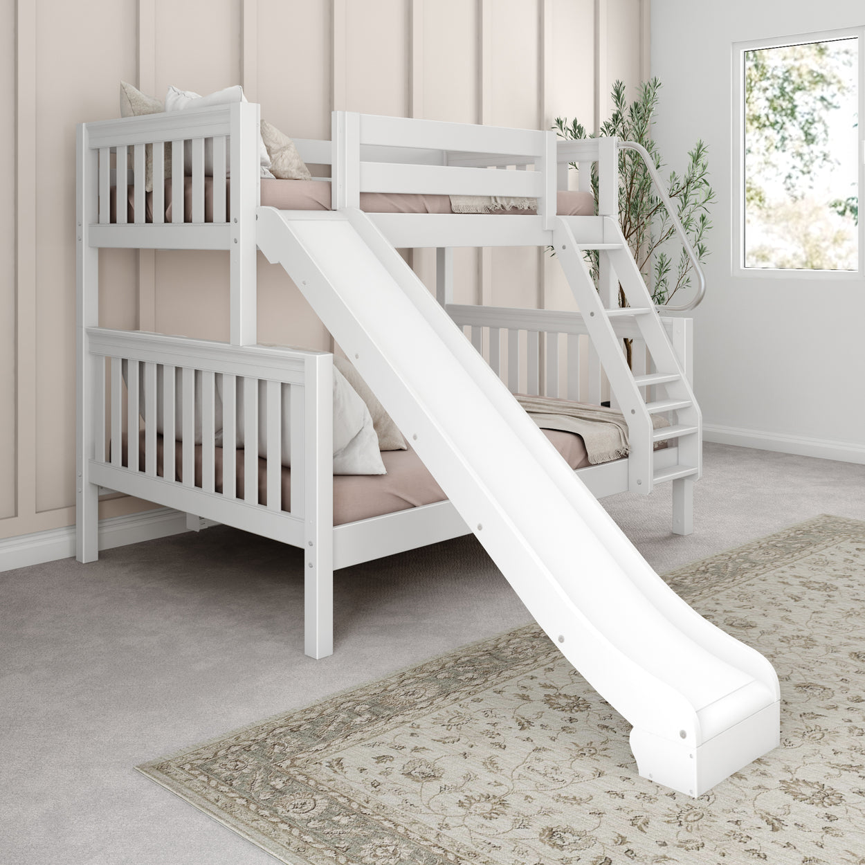 White wooden bunk bed with slide in modern bedroom.