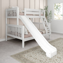 White wooden bunk bed with slide in modern bedroom.
