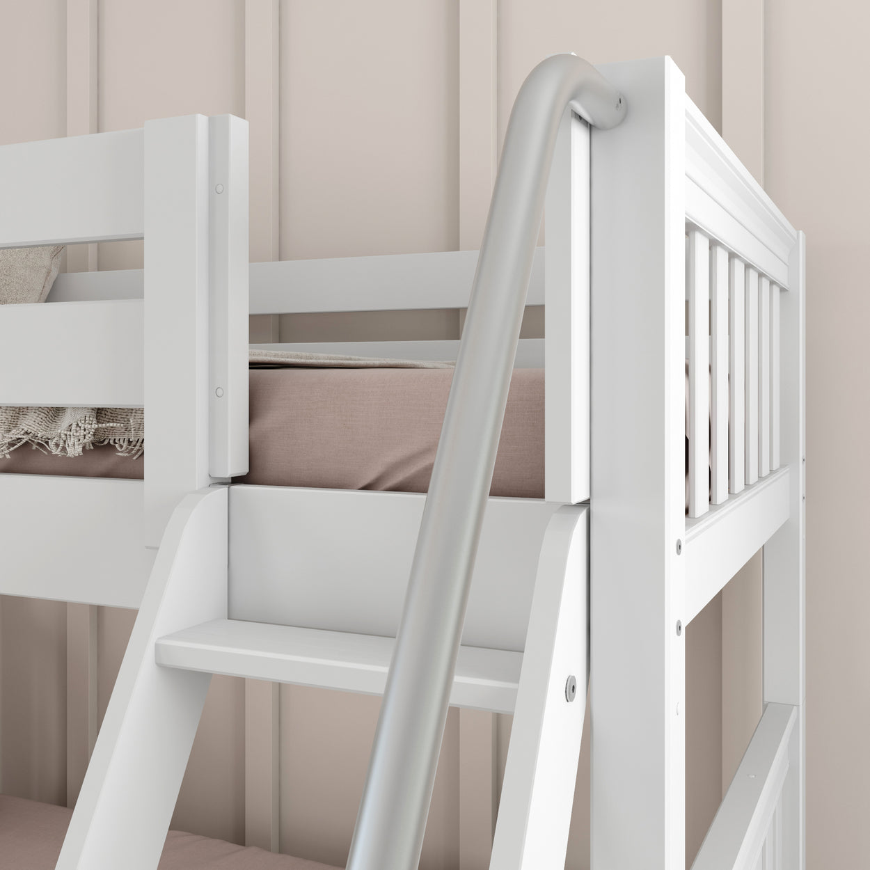 White wooden bunk bed with metal safety rails and beige bedding in a modern bedroom setup.