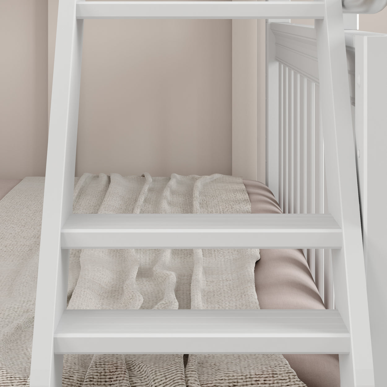 White ladder leading to loft bed with soft beige bedding and neutral decor.