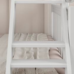 White ladder leading to loft bed with soft beige bedding and neutral decor.